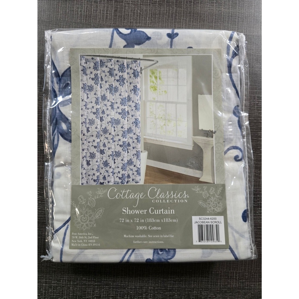 Cottage Classics Blue‎ & White Fabric Shower Curtain 72"x72" Jacobean Scroll
